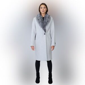 BNWT! Elegant SICILY ITALIAN BRAND Light Zinc GREY Coat with Faux Fur Collar